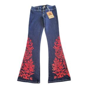 JNCO Jeans Women Size 11 Juniors Blue Denim Red Floral Embroidered Flare Vintage